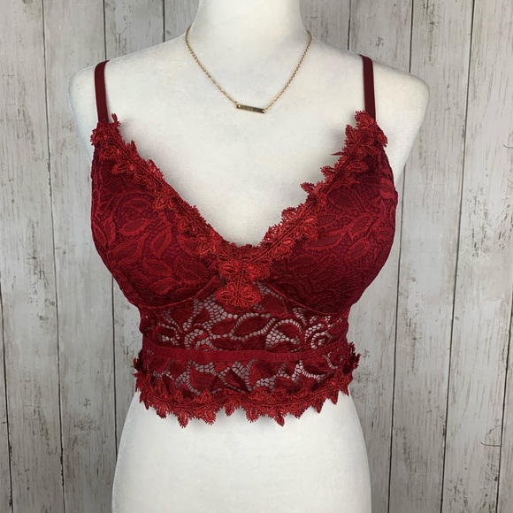 Sexy 🔥 Deep V Lace Bra Bralette Crop Top Red S/M - Picture 3 of 6